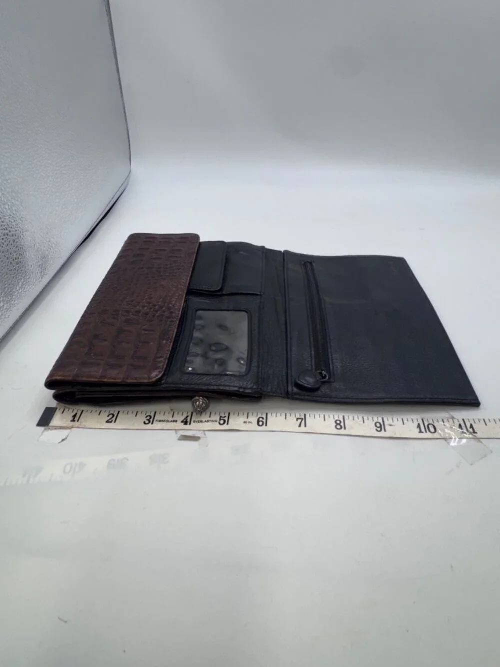 Vintage Brighton Brown Leather Crocodile Embossed Clutch Purse Wallet Silver Ton